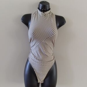 Women Large Striped Bodysuit Sleeveless Grey White highneck top #172